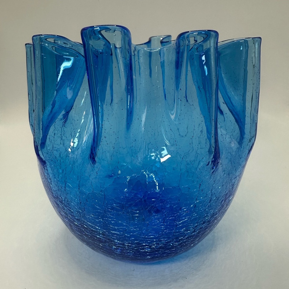 Hand Blown Pilgrim Glass Rose Bowl Blue Crackle Pinched Pleated Rim
